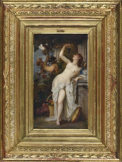 null Albert F. LAURENS (1864-1934).

Bacchante et amour.

Huile sur panneau.

Signé...