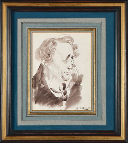 null VERNET Horace 

Paris 1789 - 1863

Portrait charge de Pouchard au monocle

Pinceau,...