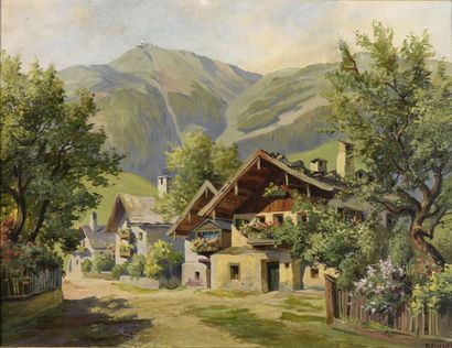null Karl FLIEHER (1881-1958).

Petit village fleuri dans la montagne autrichienne.

Huile...