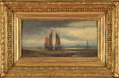null French school of the end of the 19th century.

Boats of fishermen on the beach.

Oil...
