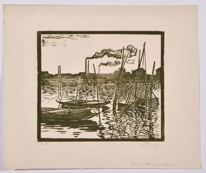  Louis Claude PAVIOT (1872-1943) 
Barques à Boulogne sur Seine 
Bois gravé 
Bonne...