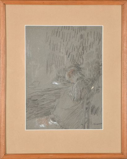 null François Joseph GUIGUET (1860-1937).

La couture, 1918 ( ?).

Fusain, craie...