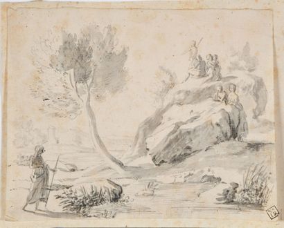 null FRENCH SCHOOL Late 17th century 

Country landscape with characters on a hillock...