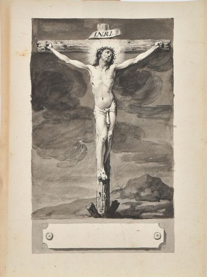  ECOLE FRANCAISE du XVIIIe siècle 
Le Christ en croix 
Plume, encre noire, lavis...