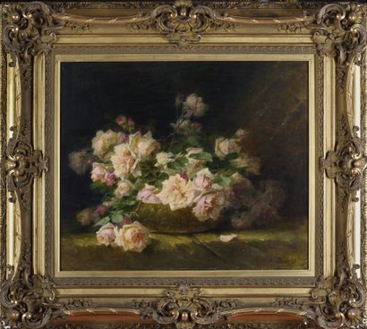 null André PERRACHON (1827-1909).

Roses dans une jardinière en cuivre.

Huile sur...