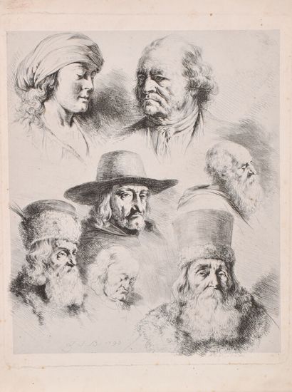  Jean-Jacques DE BOISSIEU (1736 - 1810) 
Feuille d'étude 7 têtes 
Boissieu Perez...