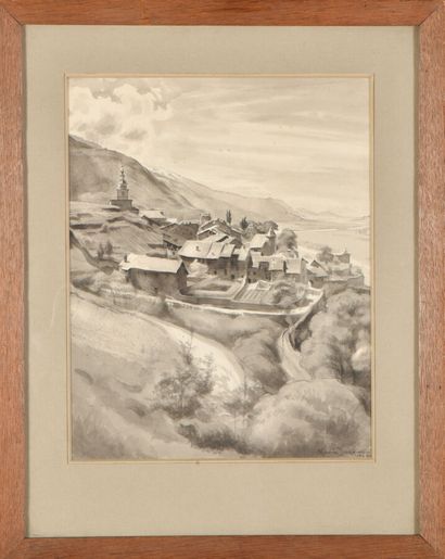 null André JACQUES (1880-1960).

Village près d'un lac en Savoie, 1924.

Lavis d'encre...