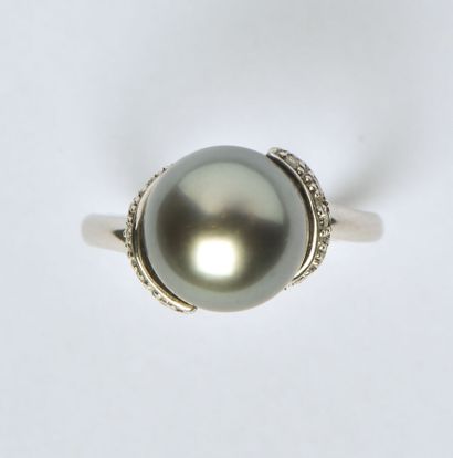 null Bague en or gris 14K (585/oo) centrée d'une perle de culture de Tahiti sertie...