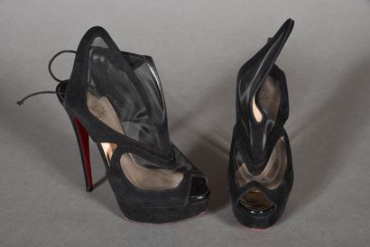 null LOUBOUTIN. Pair of Mariacar pumps in fishnet and black suede, open toe and heel,...