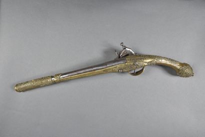 null Flintlock pistol, chenapan style lock, all brass decorated with foliage and...