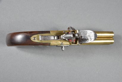 null Navy officer's flintlock pistol, 4-barreled with a hammer on top, brass, signed...