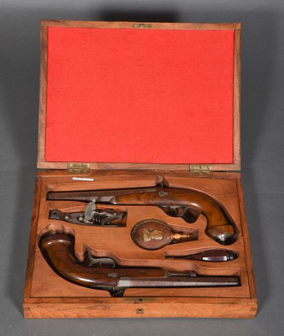 null Box of percussion pistols with rear lock, barrels (length.21 cm) octagonal damascus,...