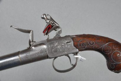 null Flintlock pistol with flower-engraved case, hammer and long unscrewable steel...
