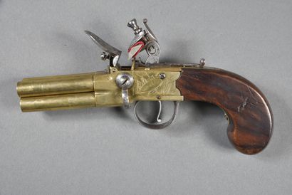 null Navy officer's flintlock pistol, 4-barreled with a hammer on top, brass, signed...