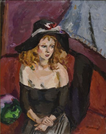  Pierre CORNU (1895-1996). 
Femme au chapeau noir. 
Huile sur toile. 
Signé en bas...