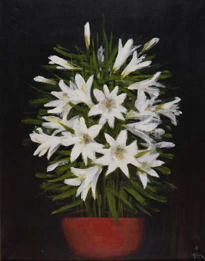 null René GRUAU (1909-2004).

Grand bouquet blanc.

Huile sur toile.

Signé en bas...