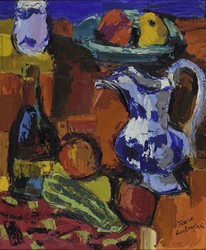  Pierre AMBROGIANI (1907-1985). 
Nature morte au vase bleu. 
Huile sur toile. 
Signé...