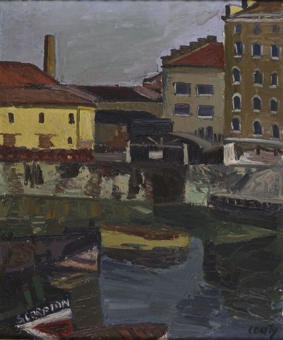 null Jean COUTY (1907-1991).

Bateaux dans la gare d'eau de Vaise.

Huile sur toile.

Signé...