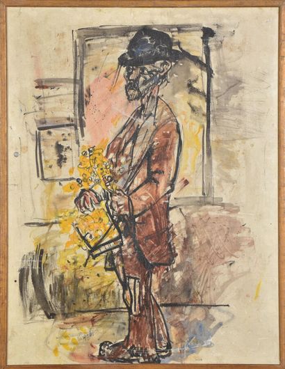 null Lionel VERGETAS (1912- ?).

Le vendeur de fleurs.

Huile sur papier collé sur...