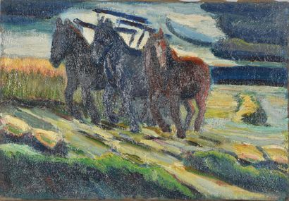 Guy DAVID (1919-1995). 
Les chevaux labourant,...