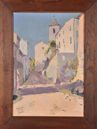 null G. MOUILLON (XXème siècle).

Ruelle à Ramatuelle, 1934.

Huile sur toile.

Signé,...