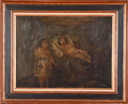  Gilbert PASTOR (1932-2015). 
Scène d'intérieur à la femme nue allongée. 
Huile sur...