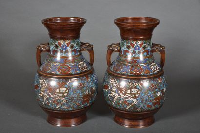 Pair of bronze and champlevé enamel vases,...