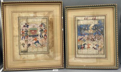 null Deux miniatures persanes de la même série, l'une figurant des cavaliers auprès...