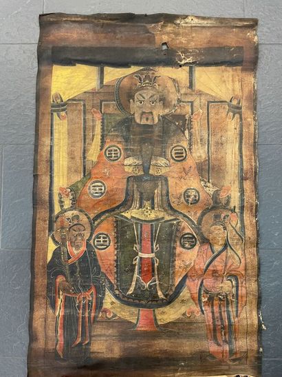 null Peinture en polychrome sur toile représentant trois divinités du Tao, l'Auguste...