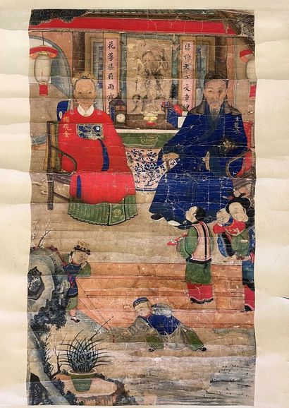 null Peinture en couleurs sur papier, représentant un couple d'anciens assis auprès...