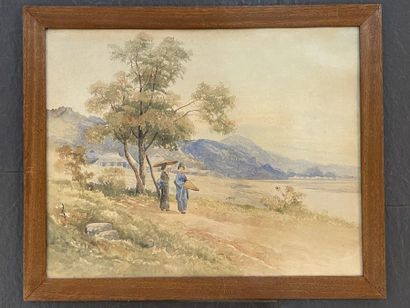 null Watercolor on paper depicting two young women walking in the countryside by...
