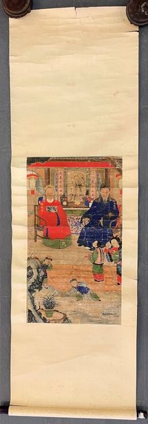 null Painting in colors on paper, representing a couple of elders sitting at a table,...