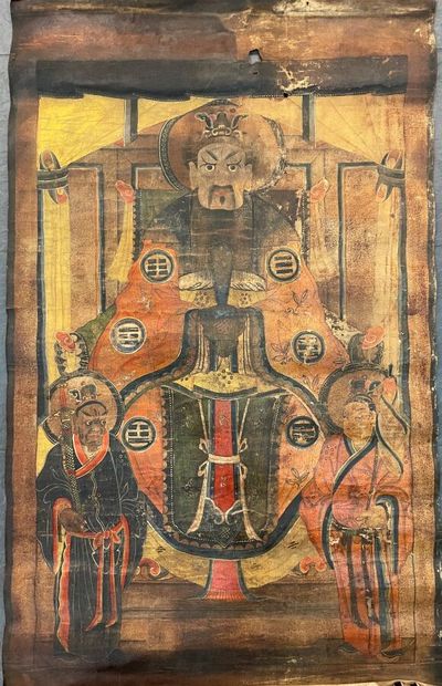 null Peinture en polychrome sur toile représentant trois divinités du Tao, l'Auguste...