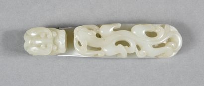 White-celadonated jade fibula, one end curved...