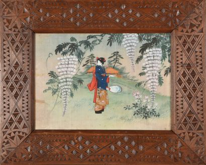 null Lot of three small paintings, two of which are Canton gouaches on rice paper,...