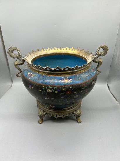 null Copper and polychrome cloisonné enamel bowl, the body decorated with butterflies...