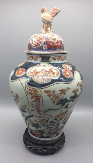 null Imari porcelain covered vase, decorated with blue, coral and gold, peonies and...