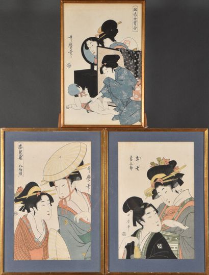 null Trois copies d'estampes par Utamaro, beautés en buste et deux femmes avec un...
