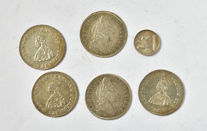  TOKENS. Lot of 5 silver tokens, 3 of which are from the Bishopric of METZ in 1696...