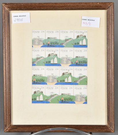  Four frames with a sheet of stamps from MACAO, RUSSIA & HUNGARY. Stamp value 210...