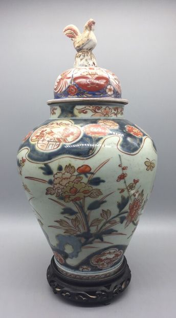 null Imari porcelain covered vase, decorated with blue, coral and gold, peonies and...