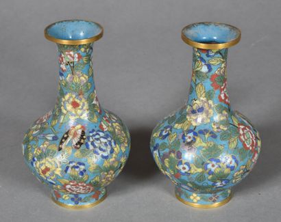 Pair of small copper and polychrome cloisonné...