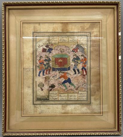 null Two Persian miniatures from the same series, one depicting horsemen near a tree,...