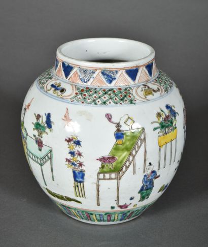 null Porcelain globular pot with a small straight neck, with polychrome decoration...