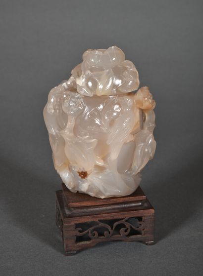 Grey agate covered vase carved in high relief...