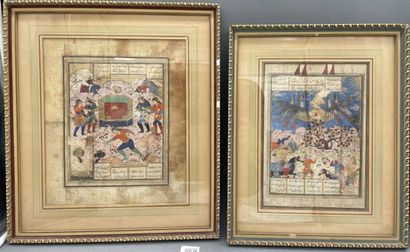 null Two Persian miniatures from the same series, one depicting horsemen near a tree,...