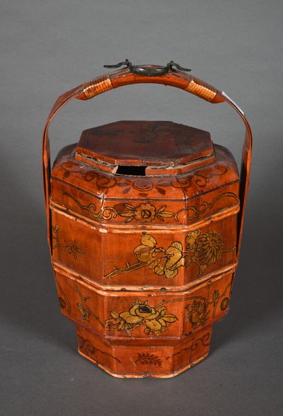 null Three-tiered bamboo picnic basket, octagonal in shape, with gold lacquered decoration...