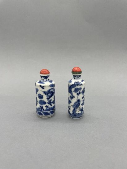 Two blue-white porcelain snuff bottles decorated...
