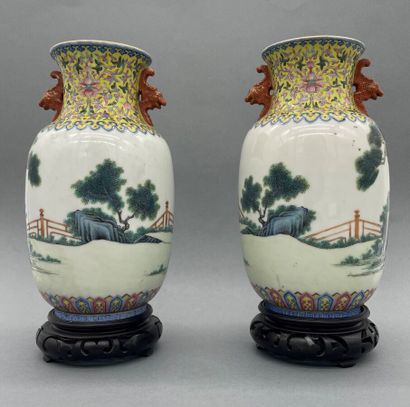 null Pair of small porcelain and fencai enamel vases, the body finely decorated with...