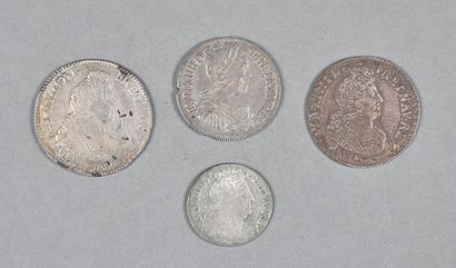 null FRANCE. LOT de 4 monnaies de LOUIS XIV :1/2 ecu 1650 Q, 1704 X, etc, TB et TB...